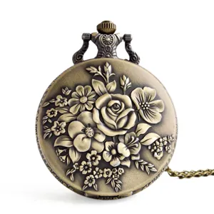 Vintage Bronze Taschenuhr Damen Ländlicher Stil Geprägte Blume Krone Schmetterling Poker Quarz Anhänger Uhr Mit Kette Schmuck