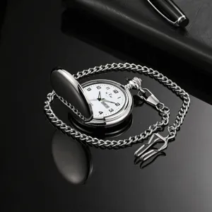 Silver quartz pocket watch with smooth flip cover, white dial, Arabic numerals and chain.