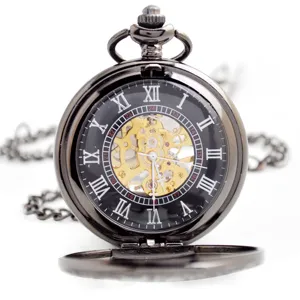 Classic skeleton mechanical pocket watch featuring black case and vintage golden gears.