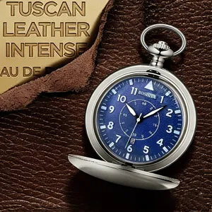 Vintage quartz pocket watch with blue dial, metallic flip case, luminous hands and clear numbers.
