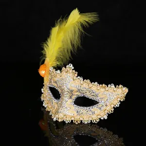 Venetian masquerade lace mask with yellow feather for Halloween party costume dress up.
