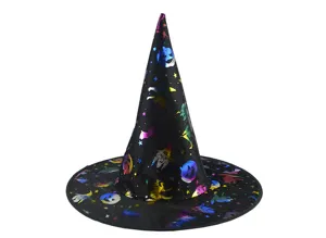 Halloween witch hat detailed view, black costume headpiece with holographic festive prints.