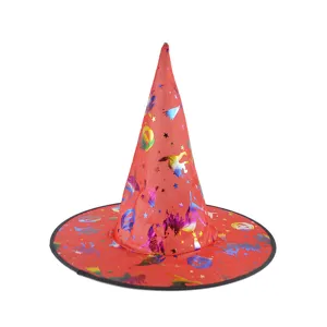 Halloween red witch hat with colorful foil stars and pumpkin designs for holiday party costumes.