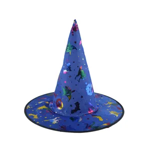 Blue Halloween witch hat with holographic foil prints, perfect for festive stage party.