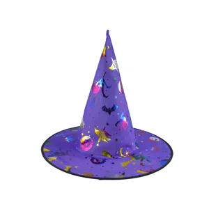 Halloween purple witch hat with holographic prints, wizard costume cap for party events.