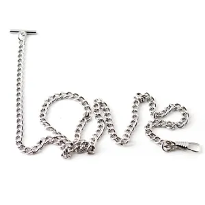 Silver metal pocket watch chain detail view, T-bar design and clasp for vintage style.