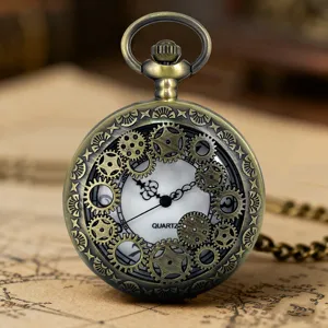 Vintage bronze steampunk pocket watch with hollow gear design and quartz movement.
