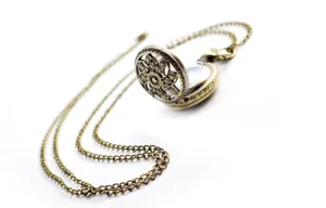 Vintage bronze floral hollow pocket watch with long chain necklace casual pendant timepiece.
