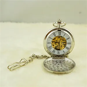 Vintage silver mechanical pocket watch with skeleton dial and chain for men women.