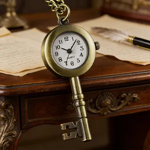 Vintage bronze key pocket watch necklace pendant retro antique quartz watch fashion accessory jewelry