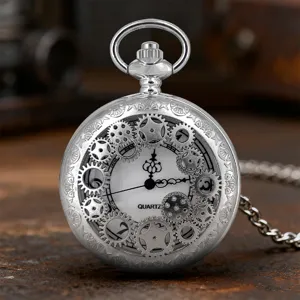 Vintage silver skeleton hollow gear quartz pocket watch with chain detailed close up view