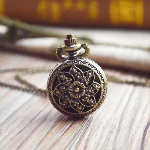 Vintage Bronze Floral Hollow Pocket Watch with Chain Retro Pendant Necklace Unisex Gift