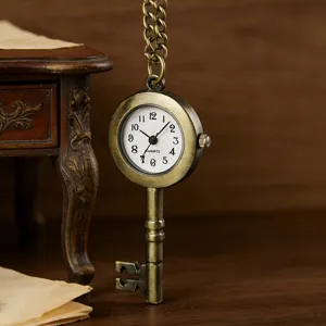 Vintage key shaped quartz pocket watch with chain retro antique necklace pendant accessory