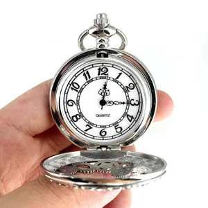 Vintage silver pocket watch with quartz movement and hollow gear cover for daily use.