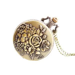 Retro Bronze Blumen geprägte Quarz Taschenuhr mit edler Halskette Kette für den täglichen Gebrauch.