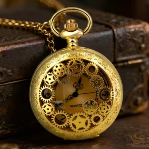 Vintage Retro Hollow Gear Carved Quartz Pocket Watch Alloy Mechanical Style Fashion Pocket Watch With Chain