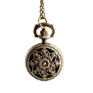 Vintage bronze hollow flower pocket watch with chain classic antique necklace pendant