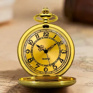 Vintage gold quartz pocket watch with classic Arabic numerals and open face design.