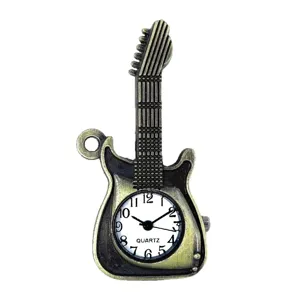 Vintage bronze guitar quartz pocket watch pendant necklace for music lovers and fashion wear.