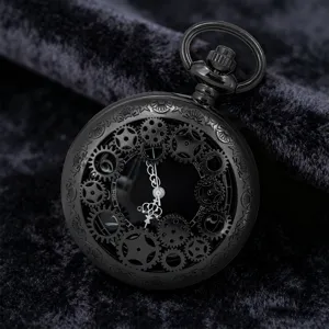 Vintage black skeleton gear quartz pocket watch detail, stylish carved pendant timepiece.