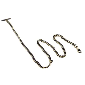 Vintage bronze pocket watch chain with T-bar and clasp for vintage clothing decor.