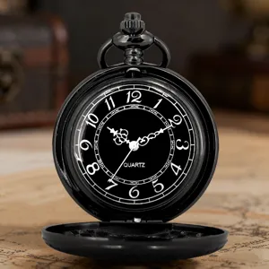 Vintage black quartz pocket watch detail view, classic arabic numerals dial with metallic case.