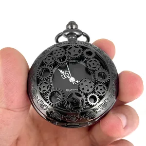 Vintage hollow gear quartz pocket watch detail view showcasing exquisite mechanical design.