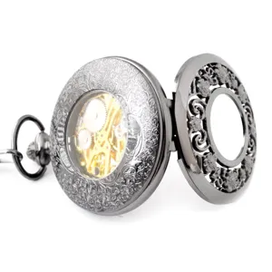 Vintage mechanical pocket watch with hollow carved design and visible gears for men and women.