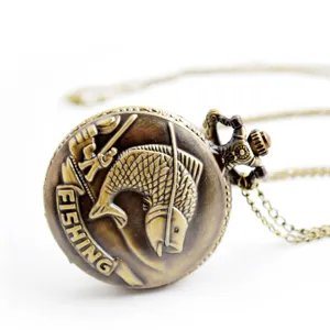 Vintage bronzen vis zakhorloge met metalen ketting voor heren en dames retro casual stijl.