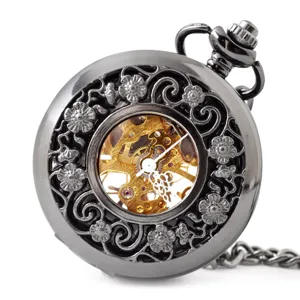 Vintage skeleton mechanical pocket watch with hollow floral carved case, antique black finish.