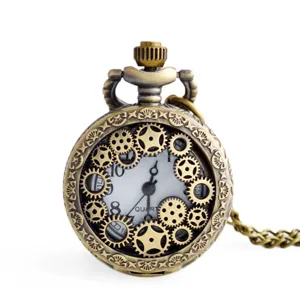 Vintage bronze hollow gear quartz pocket watch with matching sweater chain accessory