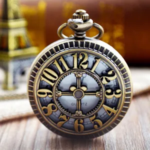Montre de Poche à Quartz Chiffres Arabes Roue Creuse en Alliage Vintage Unisexe Pendule Décontractée Avec Chaîne