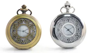 Vintage hollow carved quartz pocket watch set, bronze and silver finish, classic retro style.