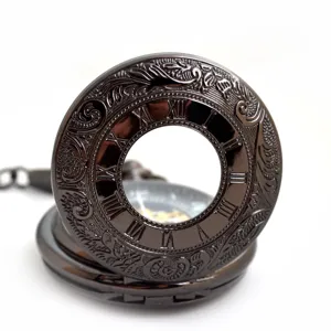 Orologio da tasca meccanico nero vintage con motivo floreale scolpito e numeri romani