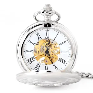 Vintage Rustic Hollow Mechanical Pocket Watch Silver Alloy Transparent Dial Classic Pocket Watch Gift
