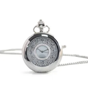Vintage silver tone filigree hollow quartz pocket watch with chain and rhinestones