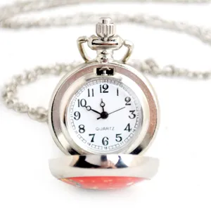 Silver tone quartz pocket watch with chain, vintage style white dial timepiece gift.
