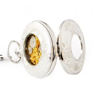 Silver hollow mechanical pocket watch with vintage carved case and transparent gear design.