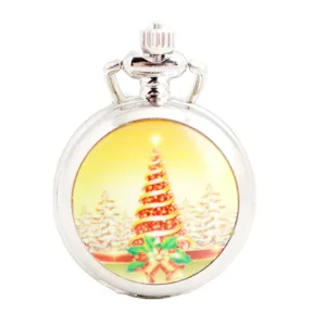 Silver metal pocket watch with Christmas tree dial design, vintage necklace watch for kids and gifts.