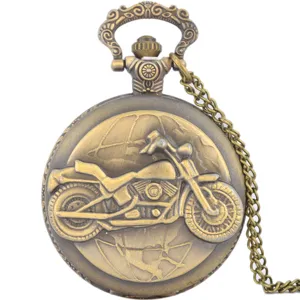 Vintage bronze pocket watch featuring 3D motorcycle relief, classic punk style with chain.