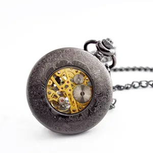 Retro mechanical pocket watch with hollow carved case and chain for men and women.