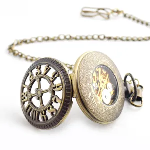 Vintage mechanical pocket watch with chain, antique bronze hollow skeleton design main view.