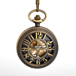 Vintage mechanical pocket watch with hollow skeleton wheel gear design and Arabic numerals.