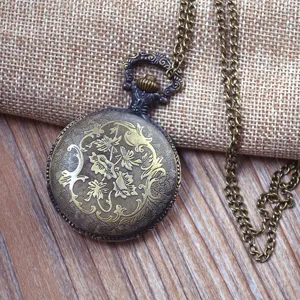 Vintage Bronze Pocket Watch Quartz Hollow Engraved Pocket Watch with Long Chain for Men Women