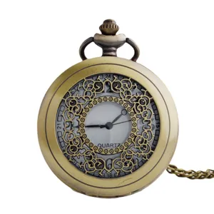 Vintage bronze quartz pocket watch with intricate hollow filigree cover and matching chain.