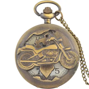 Vintage bronze steampunk motorcycle pocket watch with chain for men and women unisex retro style