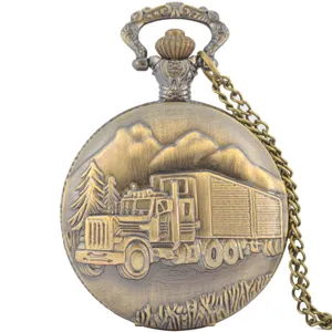 Vintage bronze pocket watch with truck relief design, antique steampunk pendant chain necklace clock.