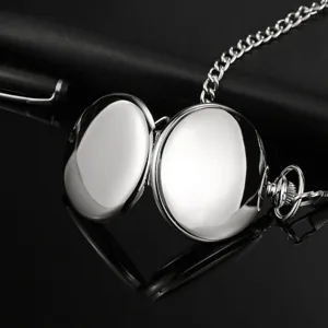 Silver smooth flip quartz pocket watch detail view with chain for business retro fashion style.