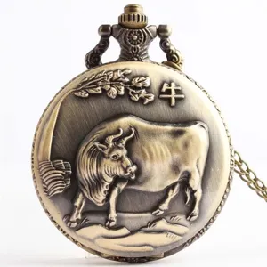 Vintage Bronze Quartz Pocket Watch with Ox Relief Pendant Necklace Retro Timepiece