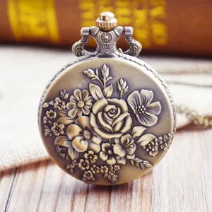 Antik Bronze Legierung Rosenblüte Relief Quarz Taschenuhr mit Kette für Damen Hauptansicht